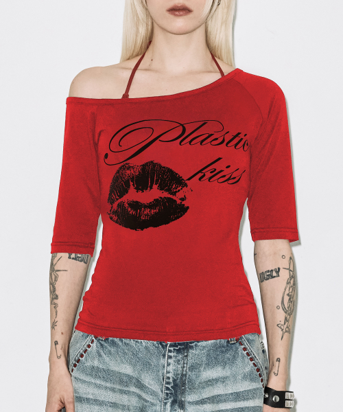 PLASTIC KISS ONE-SHOULDER TOP (RED) F26QB051