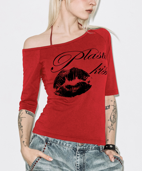 PLASTIC KISS ONE-SHOULDER TOP (RED) F26QB051