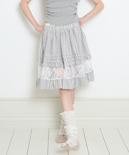 FLOWER TIERED MIDI SKIRT GRAY CHECK