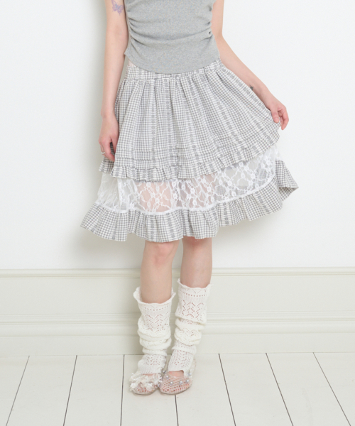 FLOWER TIERED MIDI SKIRT GRAY CHECK