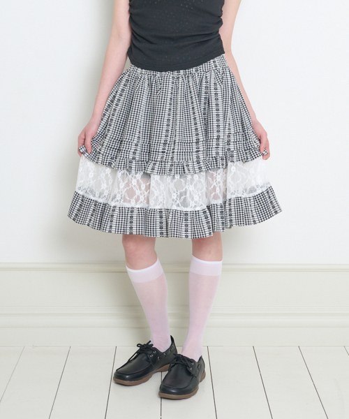 FLOWER TIERED MIDI SKIRT BLACK CHECK