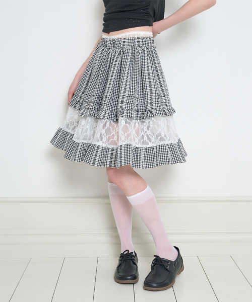 FLOWER TIERED MIDI SKIRT BLACK CHECK