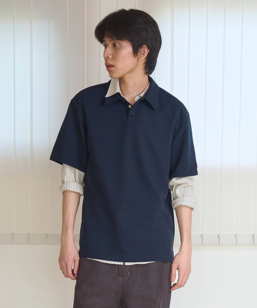 Airy cotton semi-loose polo shirt - NAVY