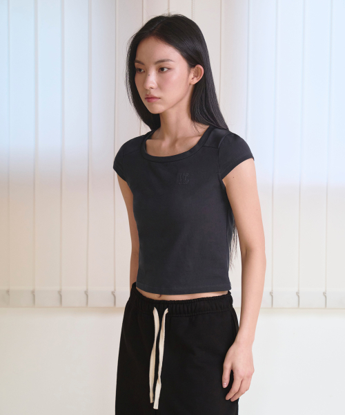Slim cotton square neck cap t-shirts - CHACOAL