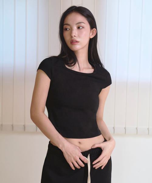 Slim cotton square neck cap t-shirts - BLACK