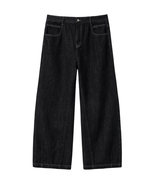 Black washed curved denim pants - BLACK