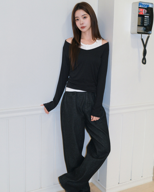 STRIPE OVERLAB LONG SLEEVE [BLACK]