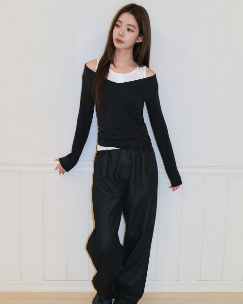 STRIPE OVERLAB LONG SLEEVE [BLACK]