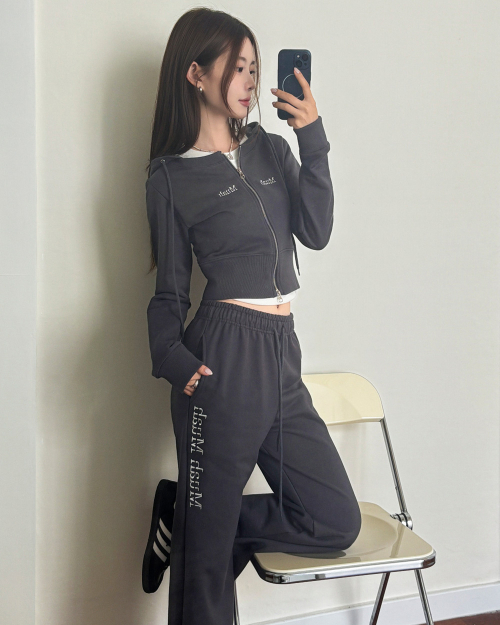 LOGO ROUND CROP HOOD ZIPUP [CHARCOAL]