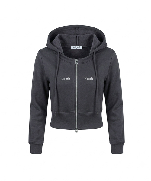LOGO ROUND CROP HOOD ZIPUP [CHARCOAL]