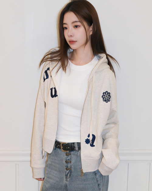 CHECK FLOWER PATCH CROP HOOD ZIPUP [OATMEAL]