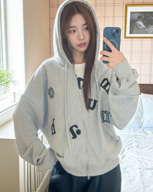 CHECK FLOWER PATCH OVERFIT HOOD ZIPUP [GRAY]