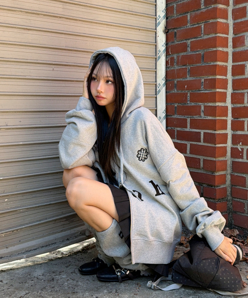 CHECK FLOWER PATCH OVERFIT HOOD ZIPUP [GRAY]