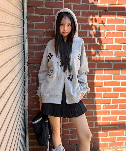 CHECK FLOWER PATCH OVERFIT HOOD ZIPUP [GRAY]