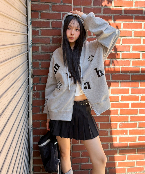 CHECK FLOWER PATCH OVERFIT HOOD ZIPUP [GRAY]