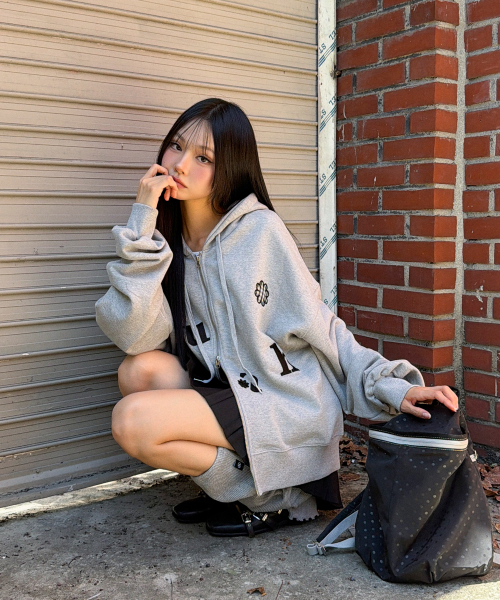 CHECK FLOWER PATCH OVERFIT HOOD ZIPUP [GRAY]