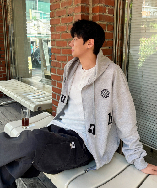 CHECK FLOWER PATCH OVERFIT HOOD ZIPUP [GRAY]