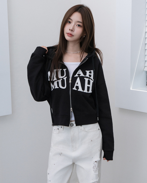 WAVE BOLD STITCH HOOD ZIPUP [BLACK]