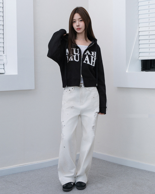 WAVE BOLD STITCH HOOD ZIPUP [BLACK]