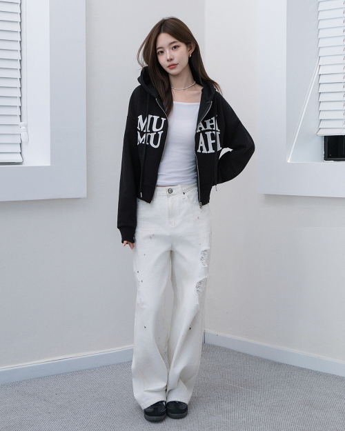 WAVE BOLD STITCH HOOD ZIPUP [BLACK]