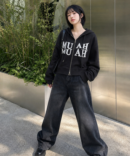 WAVE BOLD STITCH HOOD ZIPUP [BLACK]