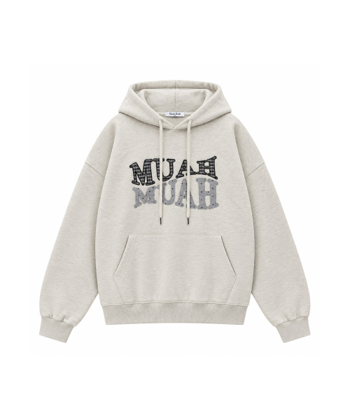 DOT CHECK PATCH LOOSE FIT HOODIE [OATMEAL]