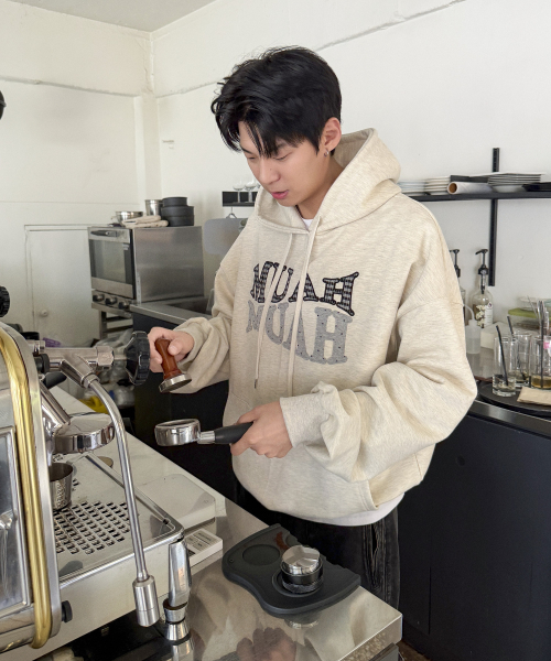 DOT CHECK PATCH LOOSE FIT HOODIE [OATMEAL]