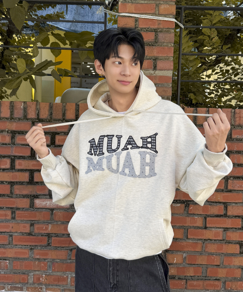 DOT CHECK PATCH LOOSE FIT HOODIE [OATMEAL]