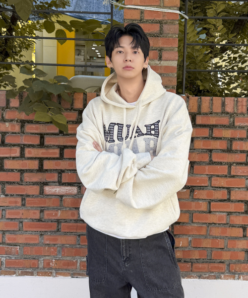 DOT CHECK PATCH LOOSE FIT HOODIE [OATMEAL]