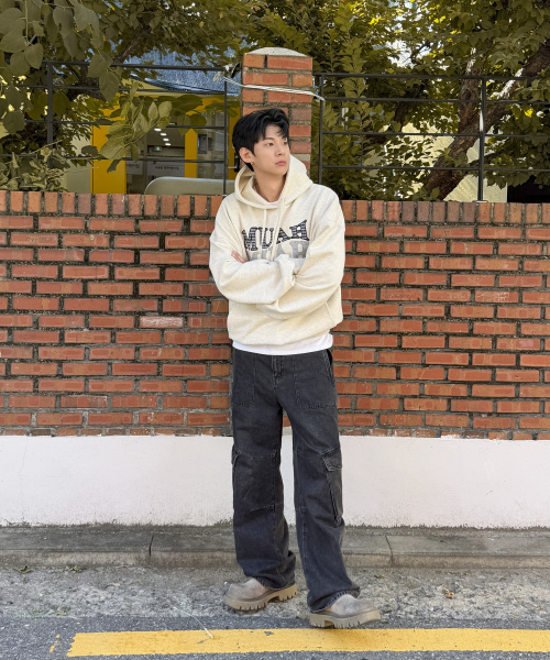 DOT CHECK PATCH LOOSE FIT HOODIE [OATMEAL]