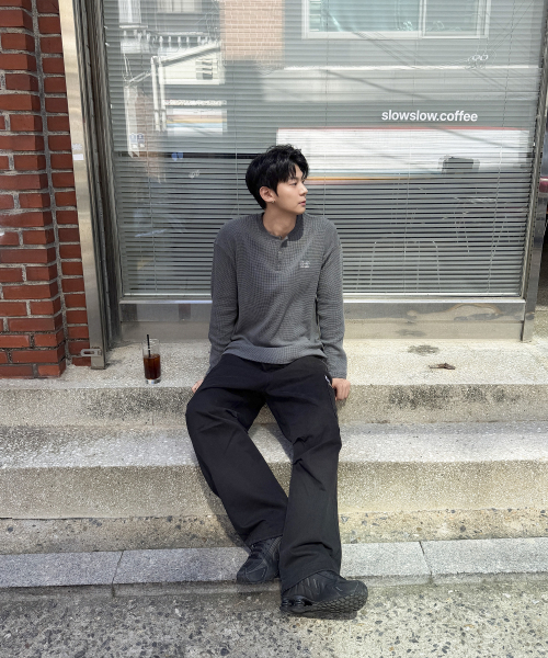 WAFFLE PIGMENT HENLEY NECK LONG SLEEVE [CHARCOAL]