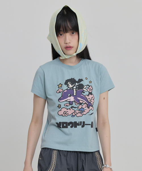 MELLOW DREAM Cartoon Half Sleeve T-shirt SKYBLUE
