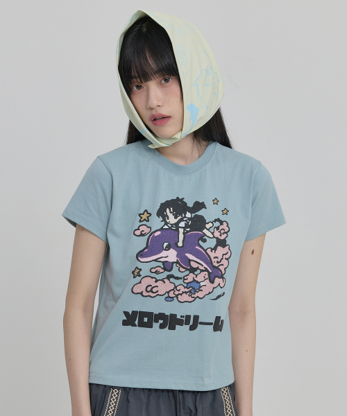 MELLOW DREAM Cartoon Half Sleeve T-shirt SKYBLUE