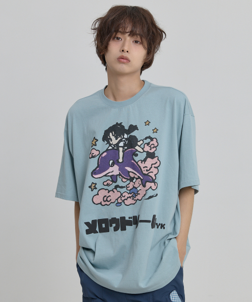 MELLOW DREAM Cartoon Half Sleeve T-shirt SKYBLUE