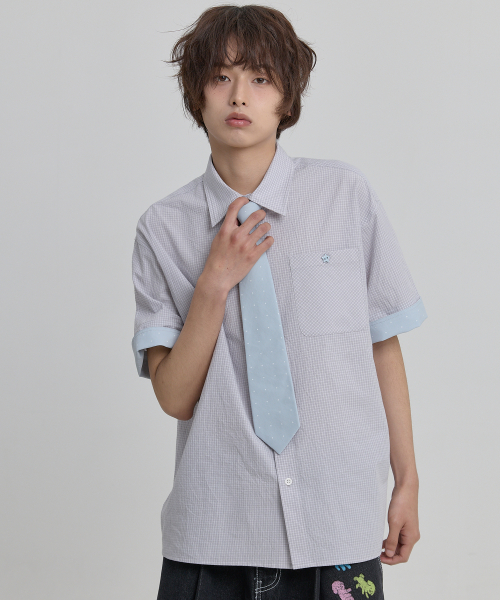 Tie SET Check Half Shirt GREY