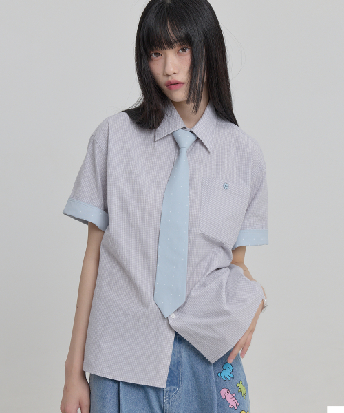 Tie SET Check Half Shirt GREY