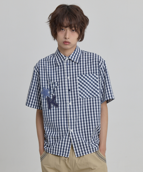 Check Applique Button Half Shirt NAVY