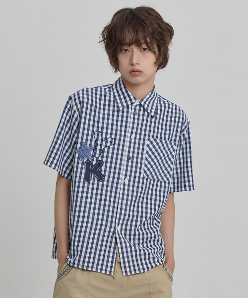 Check Applique Button Half Shirt NAVY