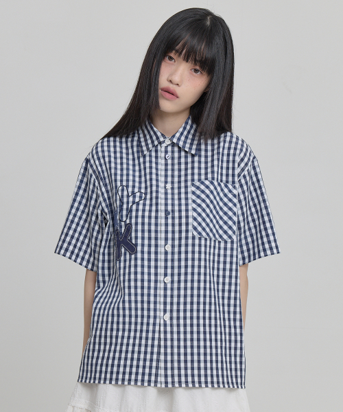 Check Applique Button Half Shirt NAVY