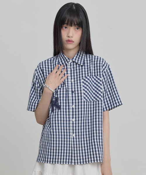 Check Applique Button Half Shirt NAVY