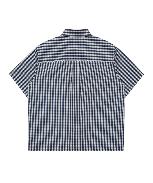 Check Applique Button Half Shirt NAVY