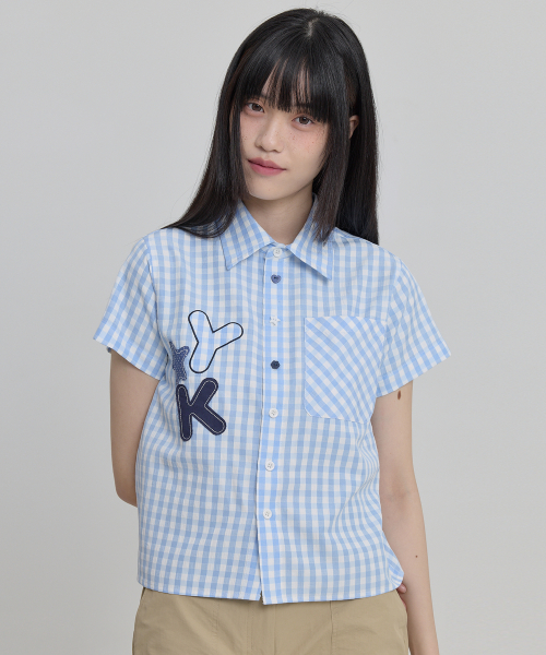 Check Applique Button Half Shirt SKYBLUE