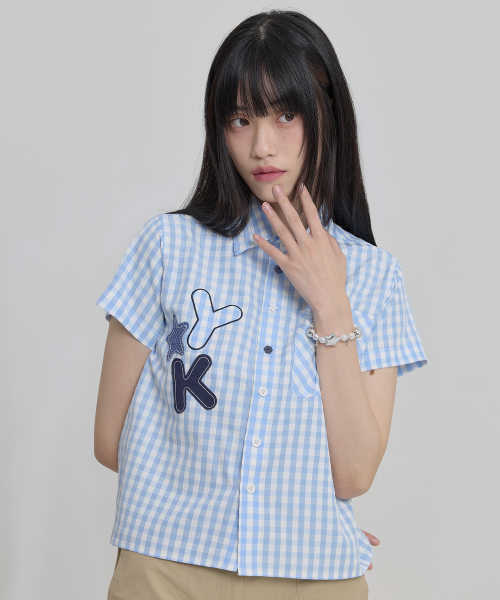 Check Applique Button Half Shirt SKYBLUE