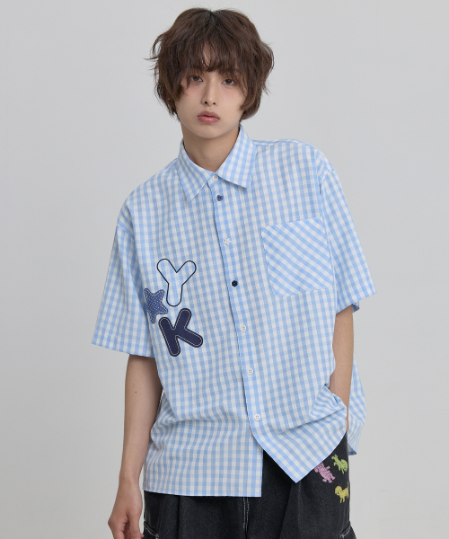 Check Applique Button Half Shirt SKYBLUE