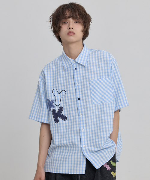 Check Applique Button Half Shirt SKYBLUE