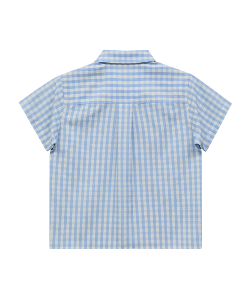 Check Applique Button Half Shirt SKYBLUE