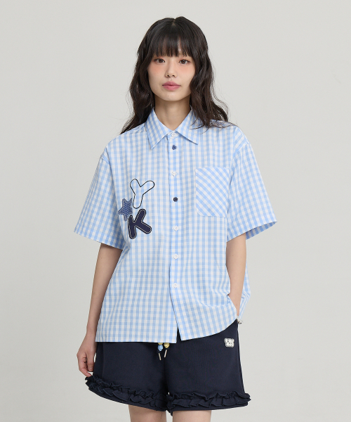 Check Applique Button Half Shirt SKYBLUE