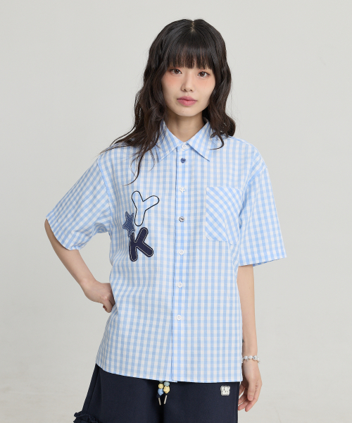 Check Applique Button Half Shirt SKYBLUE