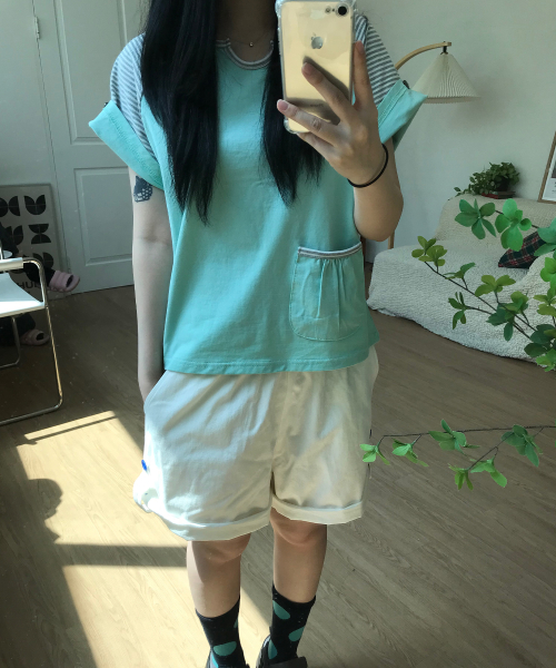 BUTTON DOUBLE SLEEVE T (MINT CHOCO)