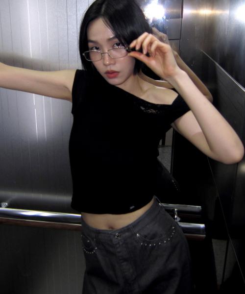 Allroad Lace Layered Shirring T-Shirt_Black